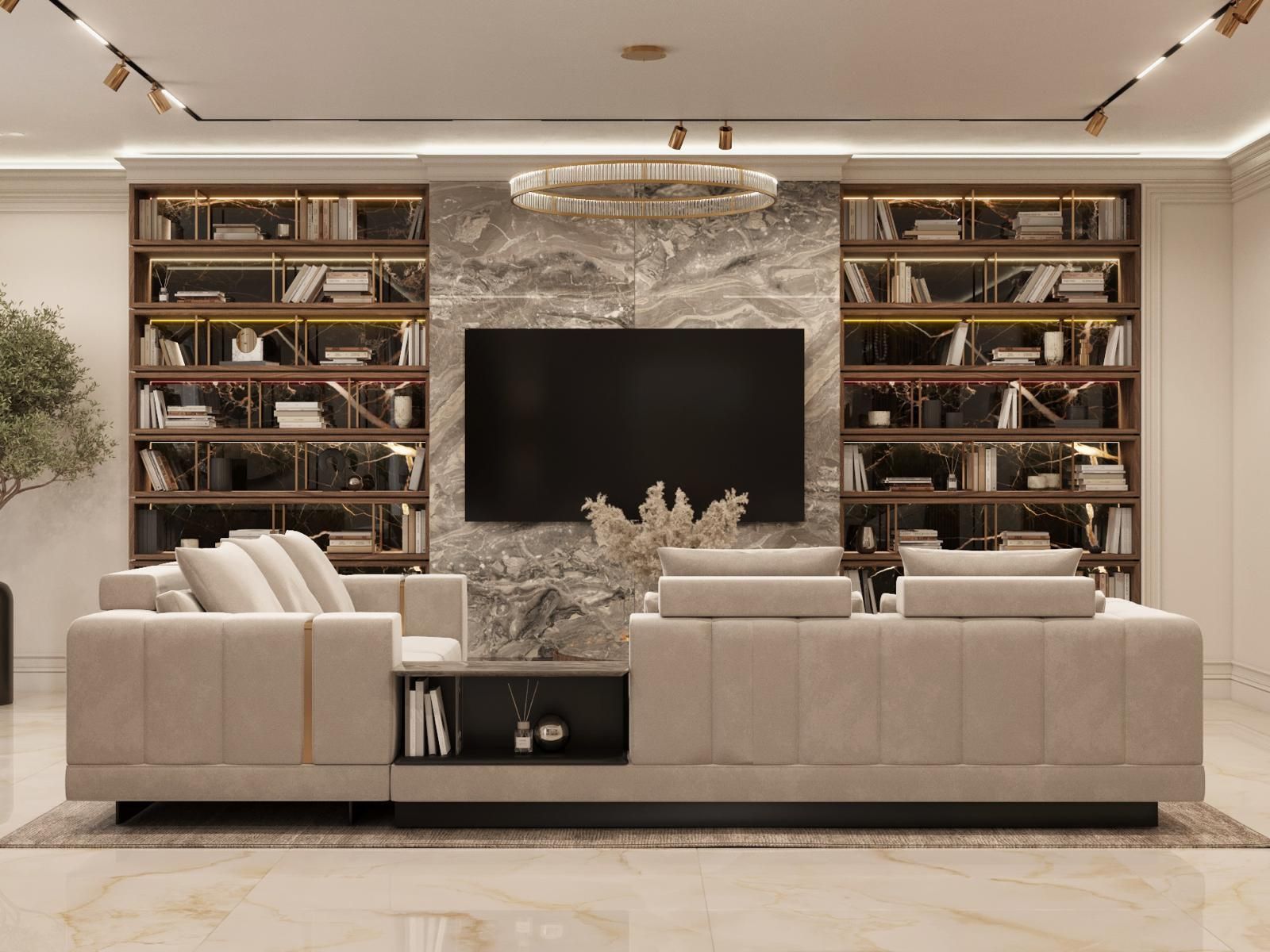 Una sala de estar con un sofá grande y un televisor de pantalla plana.