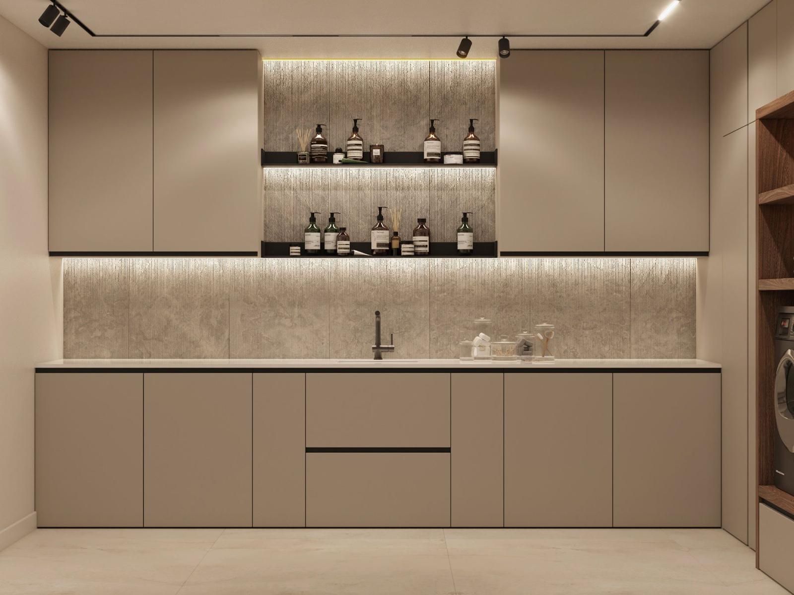 Una cocina con fregadero, estantes y lavadora.