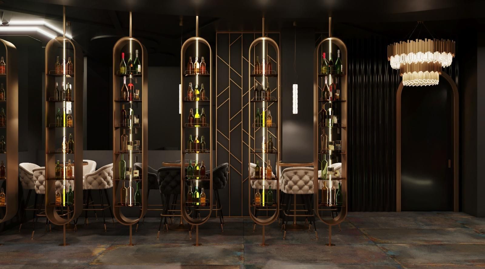 Una representación 3D de un restaurante con una fila de estantes llenos de botellas de vino.