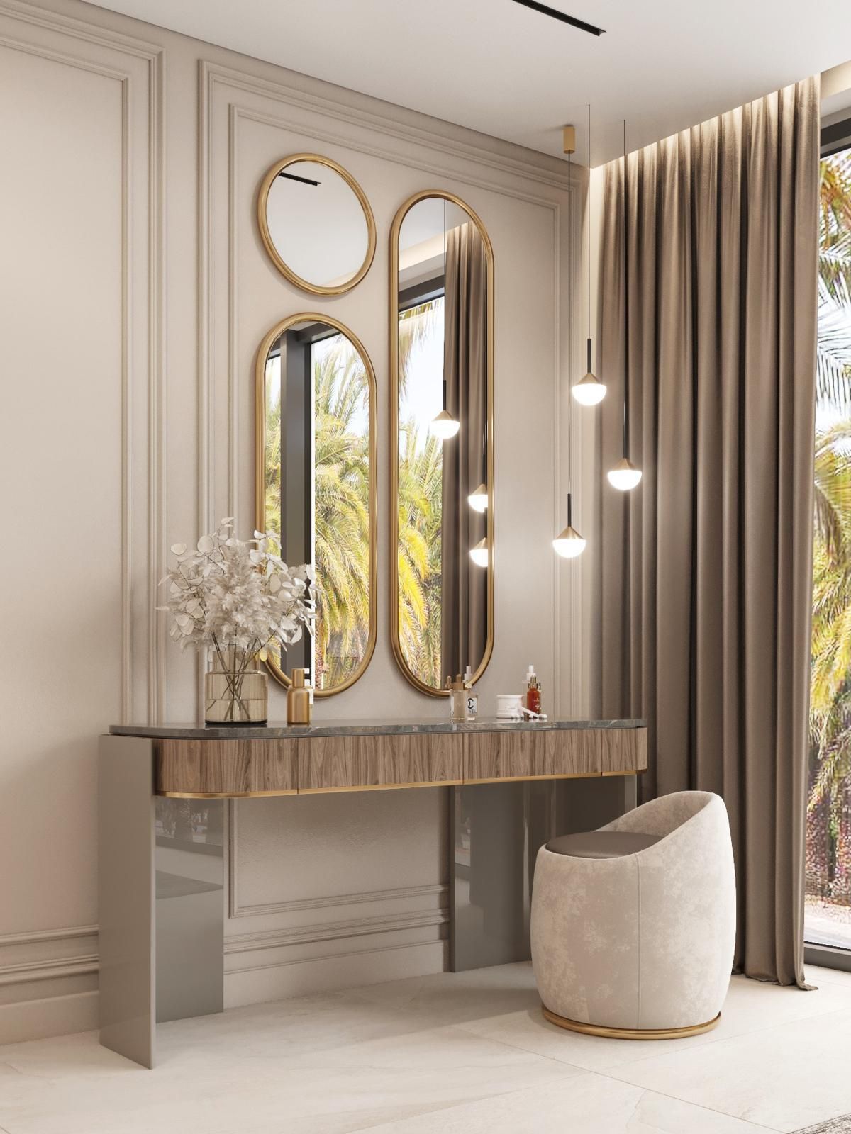 Un dormitorio con tocador, silla, espejos y cortinas.