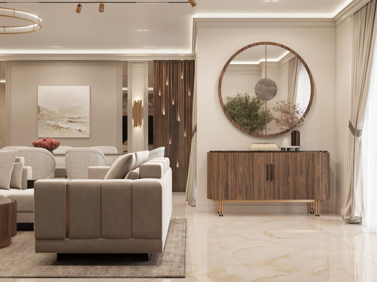 Una sala de estar con un sofá y un espejo en la pared.