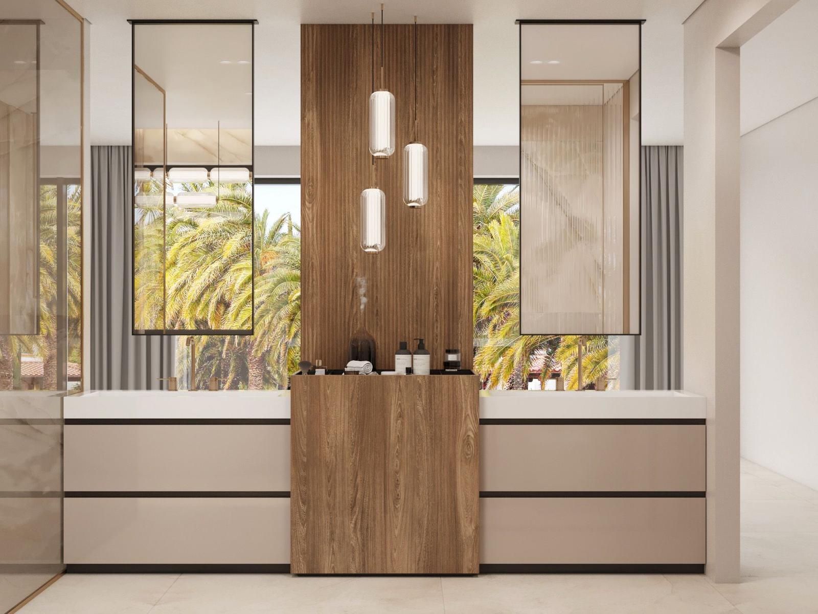 Un baño con dos lavabos y una gran ventana.