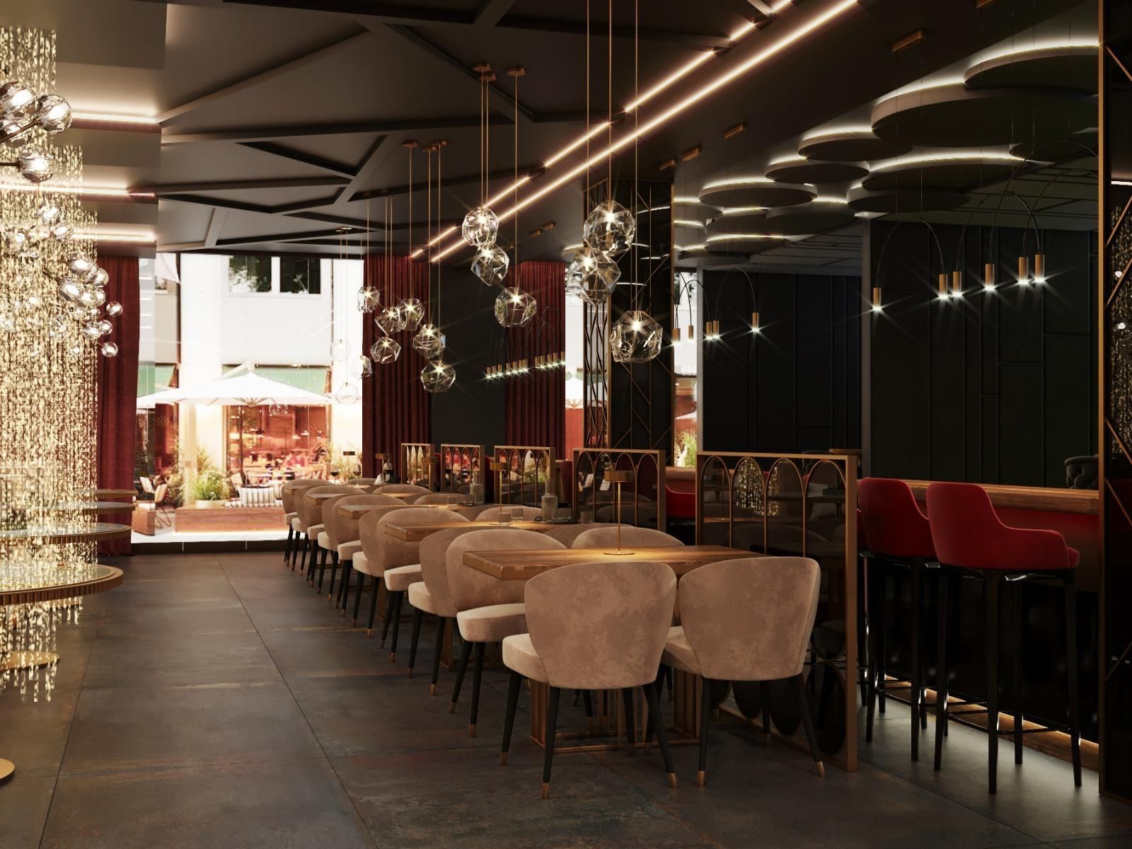 Impresión artística de un restaurante con mesas y sillas.