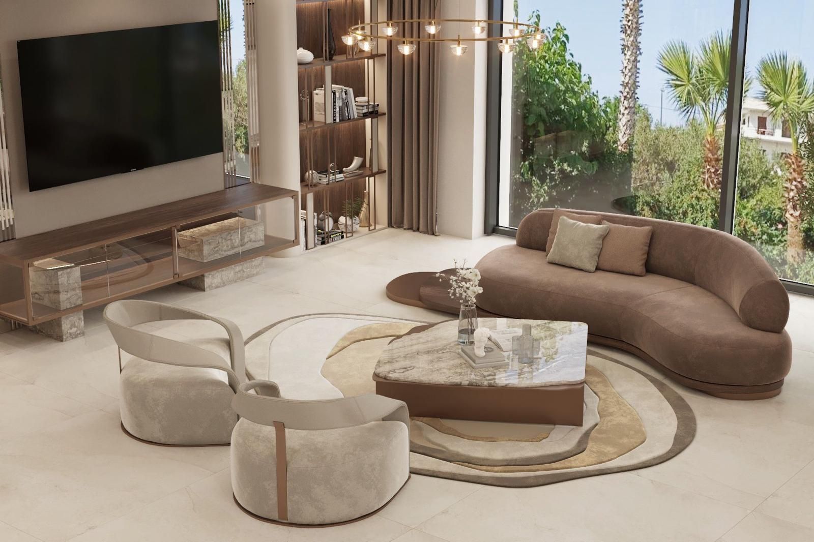 Una sala de estar con sofá, sillas, mesa de café y televisión.