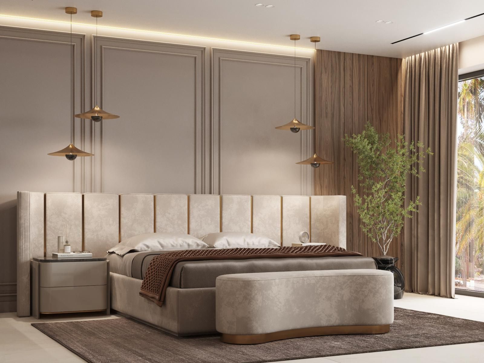 Un dormitorio con cama, mesita de noche, banco, alfombra y ventana.