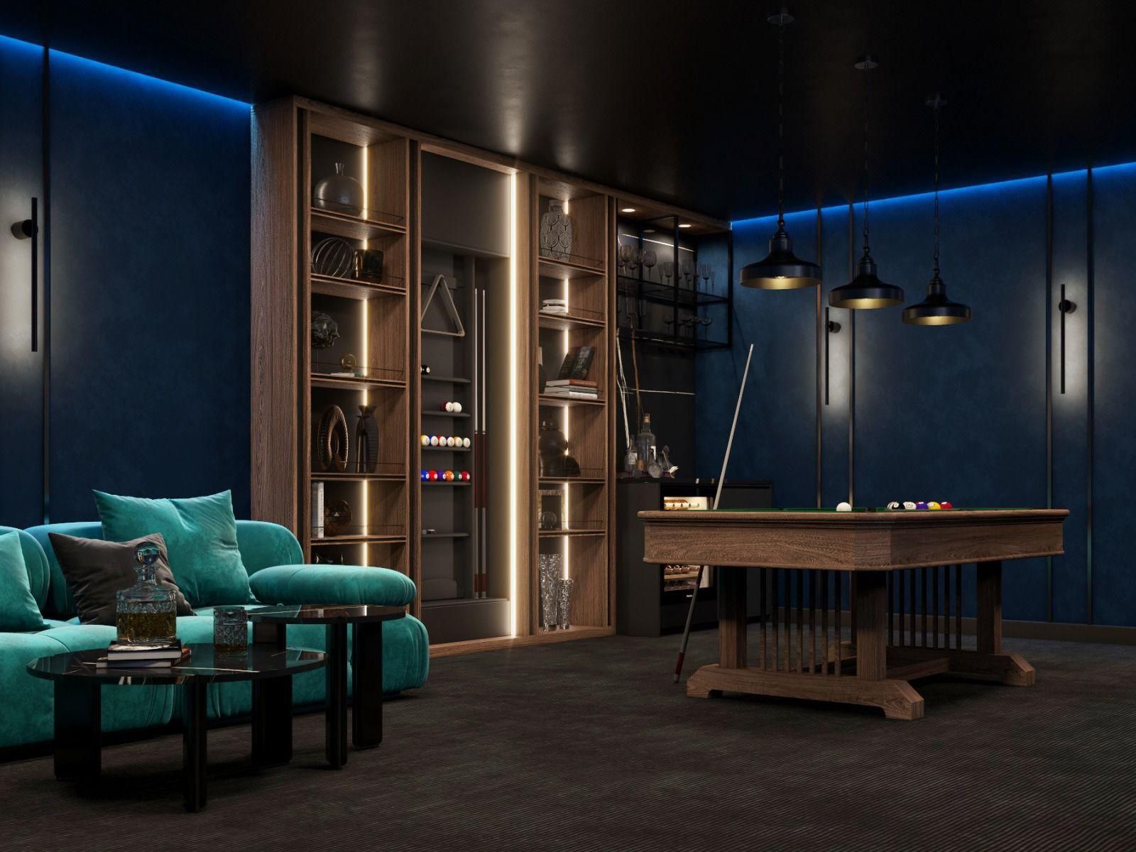 Hay una mesa de billar en el medio de la habitación.