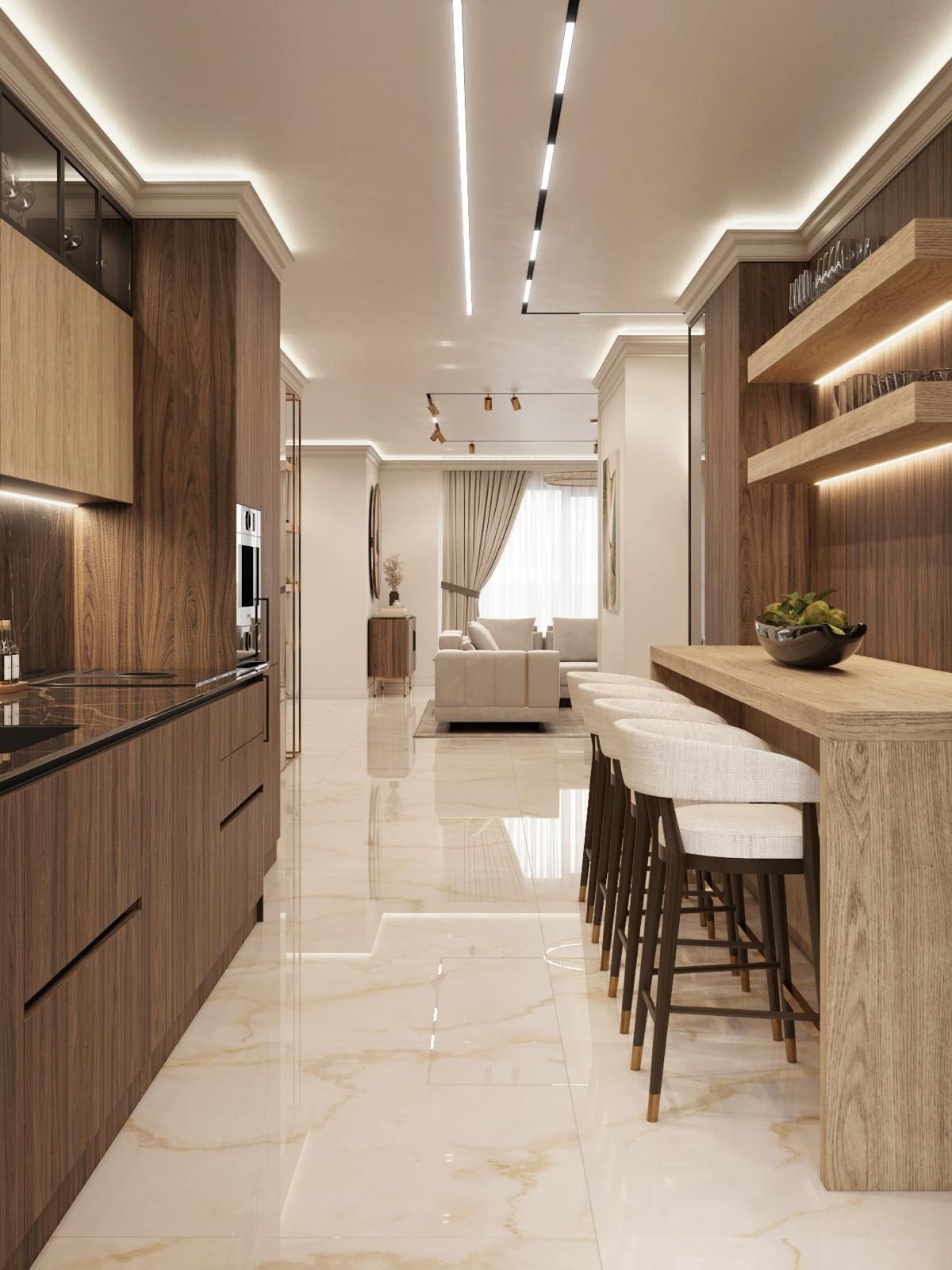 Una cocina con gabinetes de madera y pisos de mármol que conduce a una sala de estar.