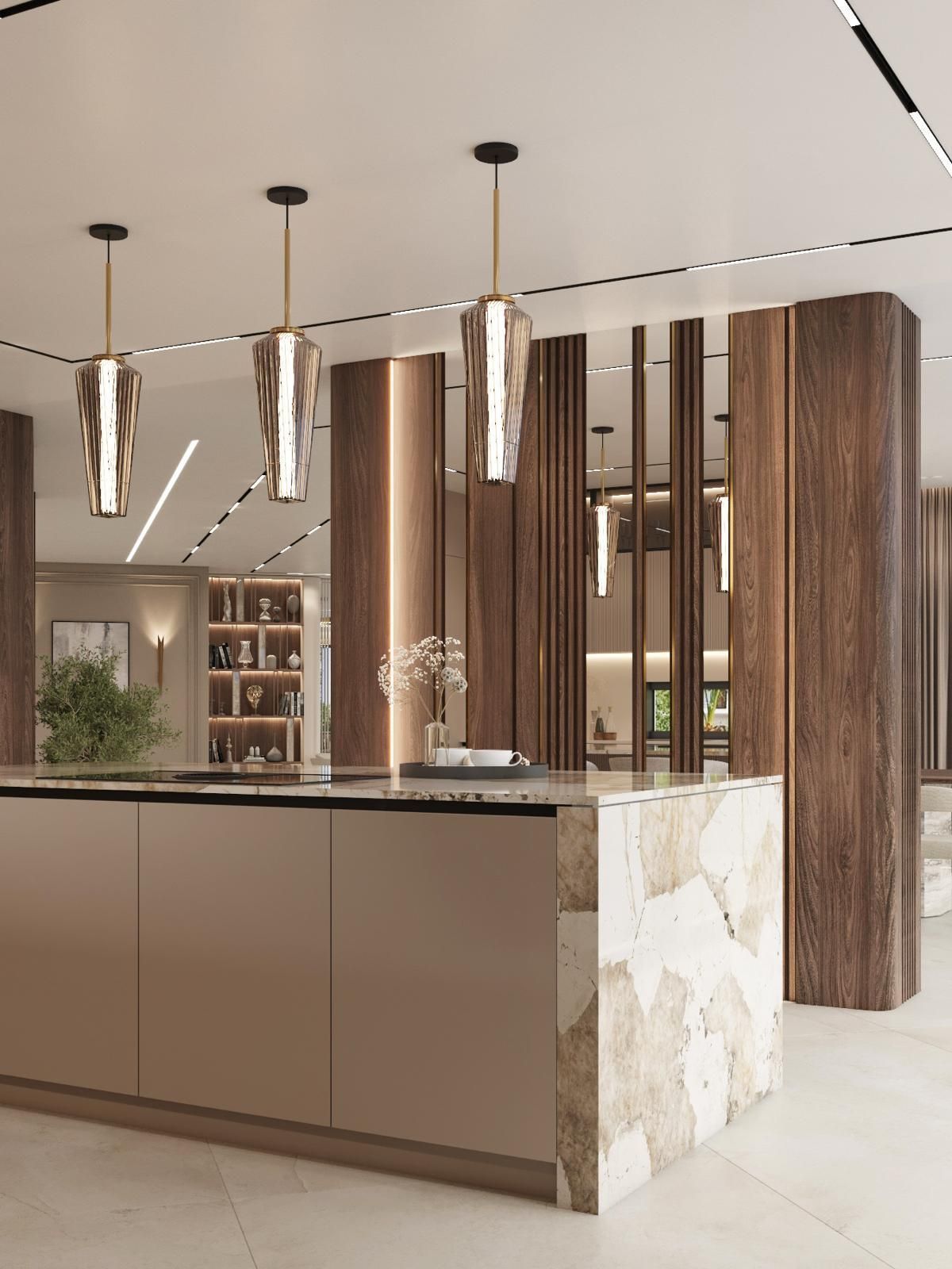 Hay una gran isla en el medio de la habitación.