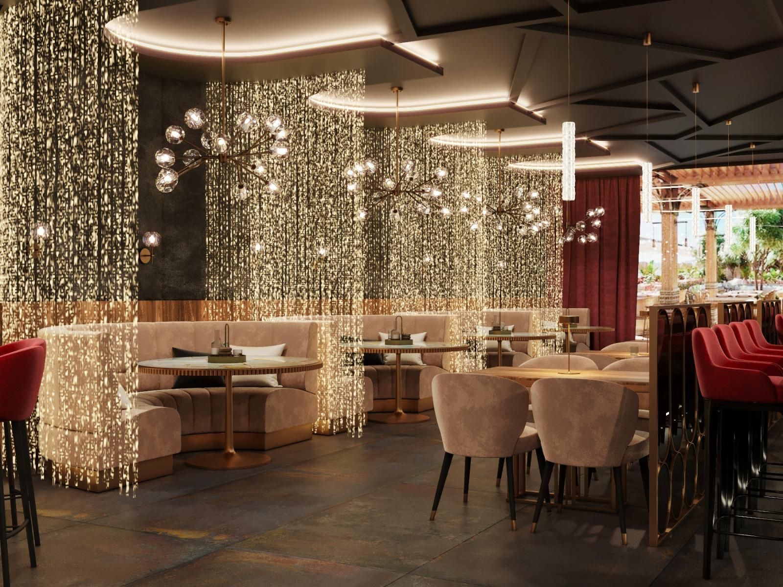 Impresión artística de un restaurante con mesas y sillas.