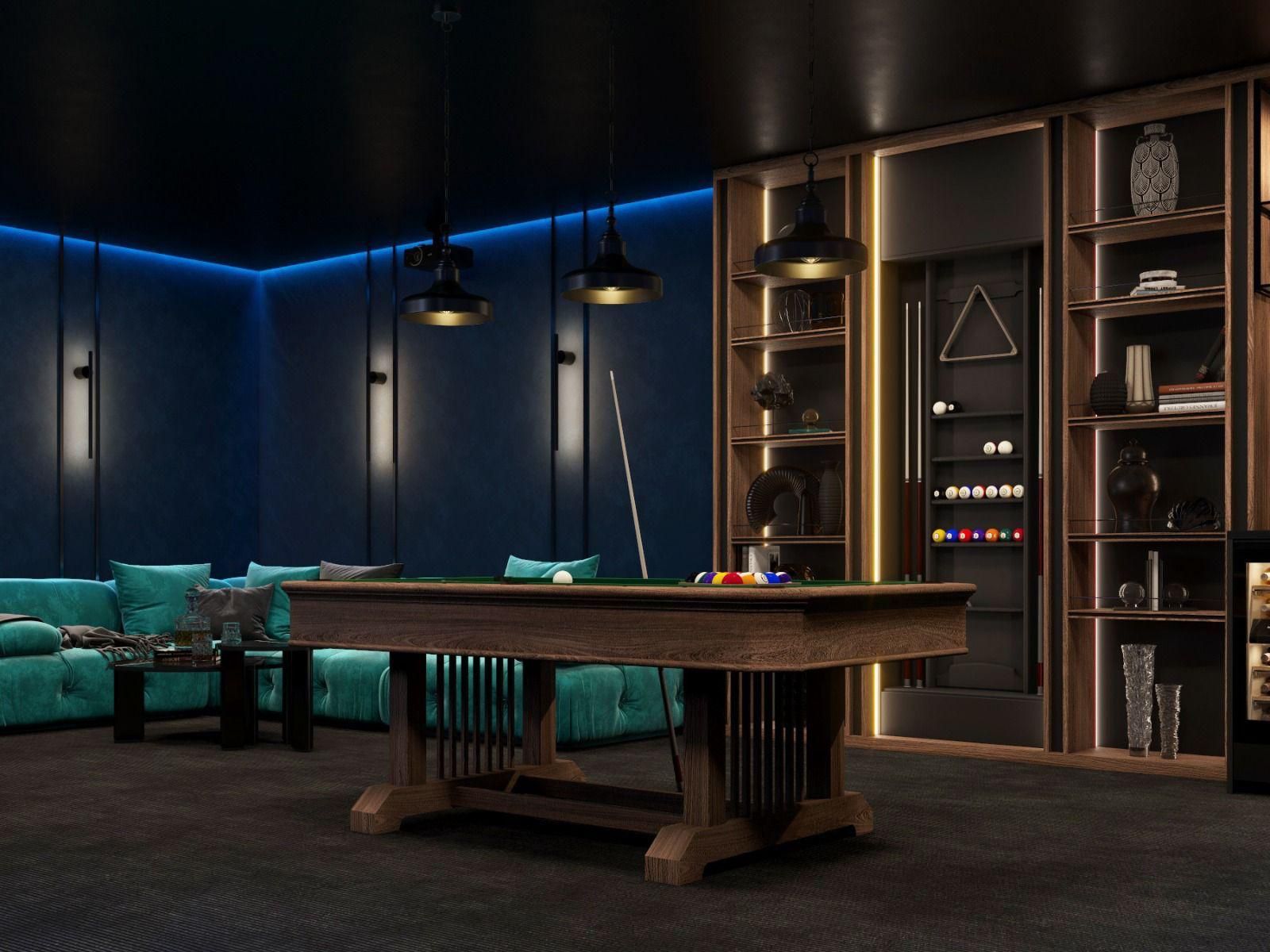 Hay una mesa de billar en el medio de la habitación.