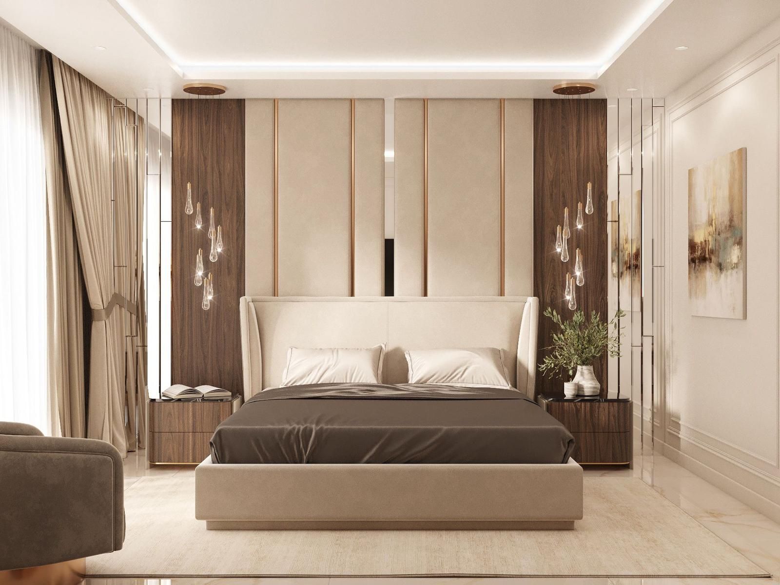 Un dormitorio con una cama grande, mesitas de noche y una silla.