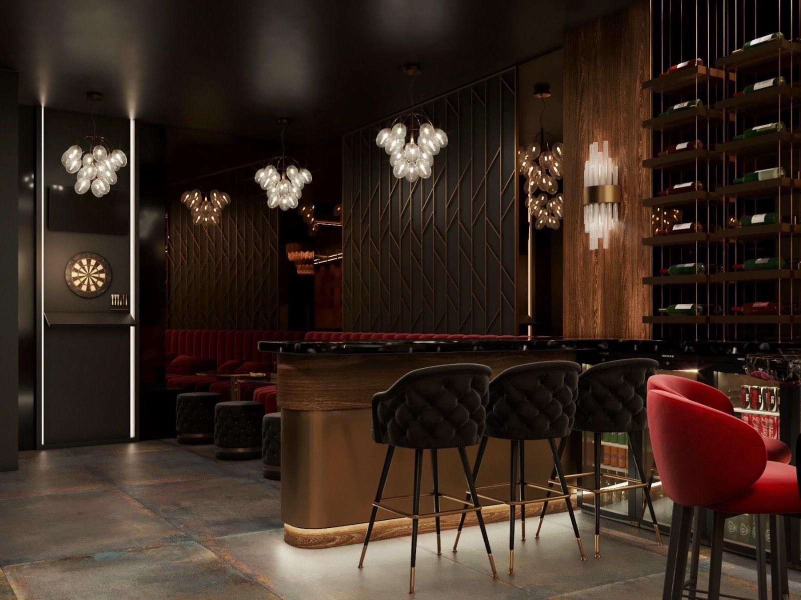 Un bar con taburetes y una mesa en una habitación oscura.