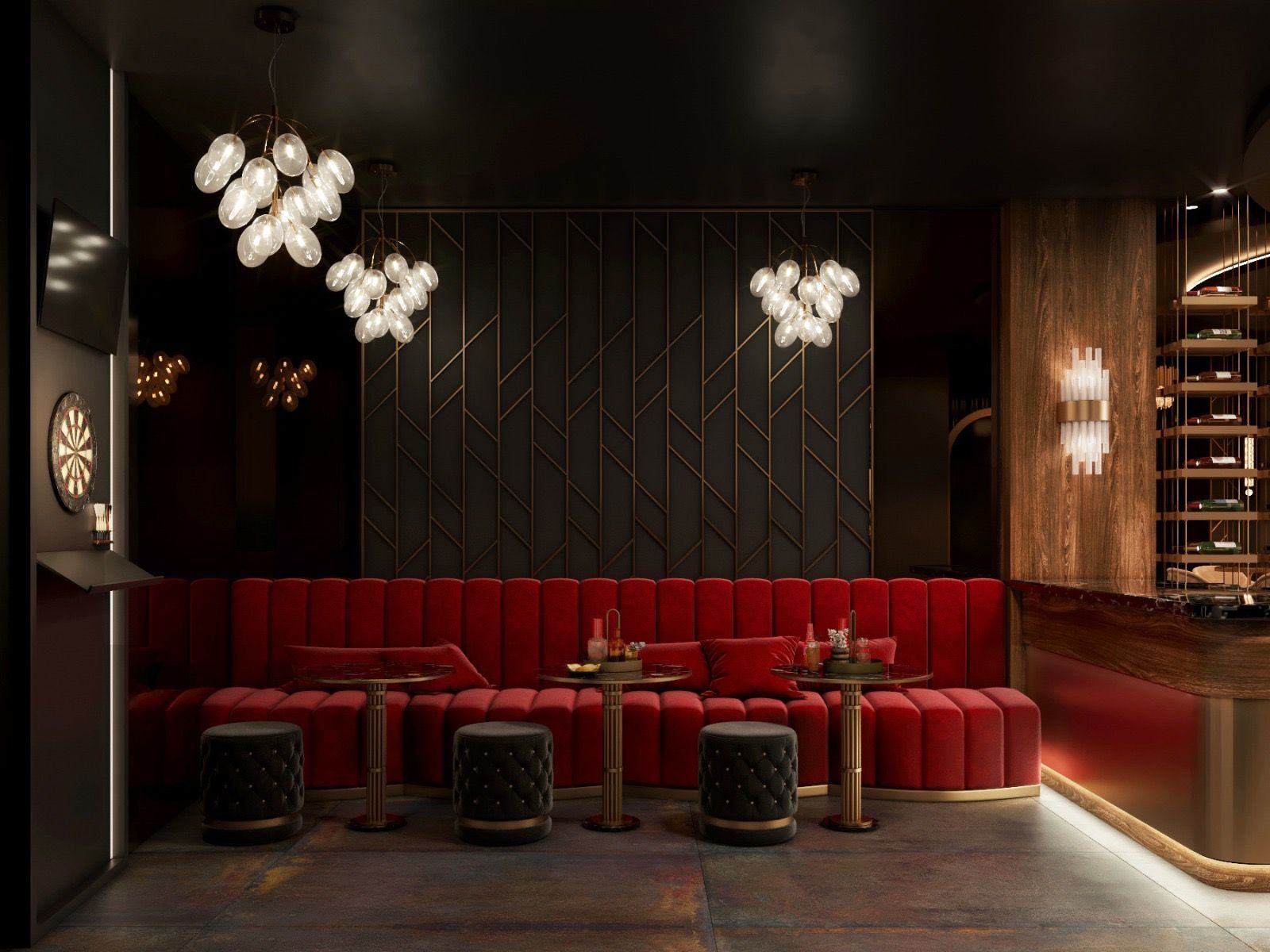 Una representación 3D de un restaurante con sofás y mesas rojos.