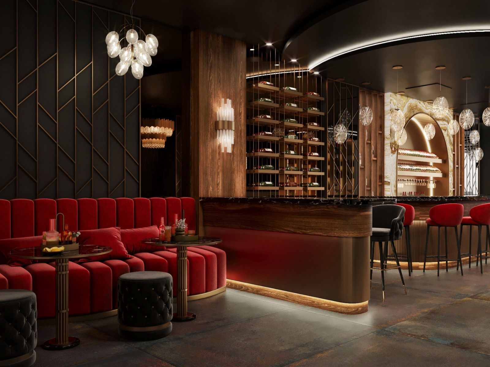 Impresión artística de un bar con sofá rojo, mesas y sillas.