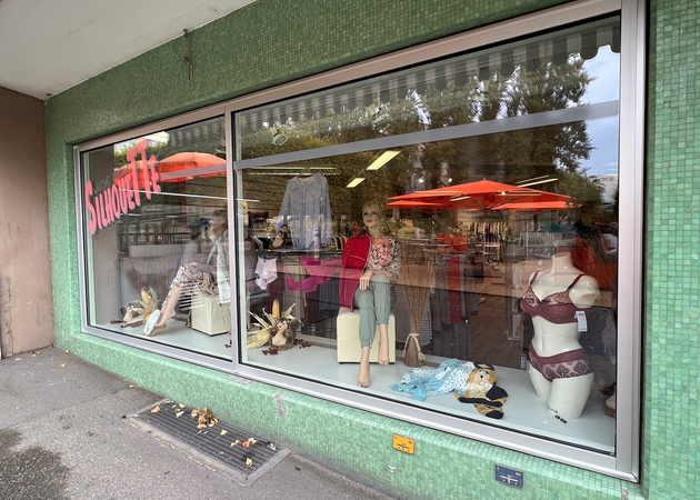 A storefront with mannequins displaying lingerie and clothing; a shop with an orange awning.