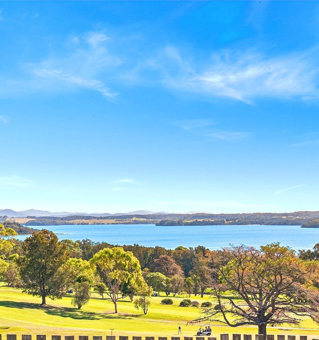 Lush green golf course with trees, overlooking a large body of water under a bright blue sky.