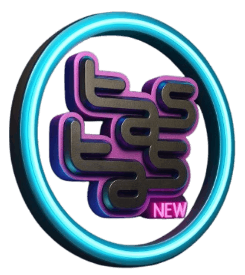 Logotipo con un anillo azul ne&oacute;n que rodea un texto estilizado 3D de color morado y negro y una etiqueta "NUEVO".