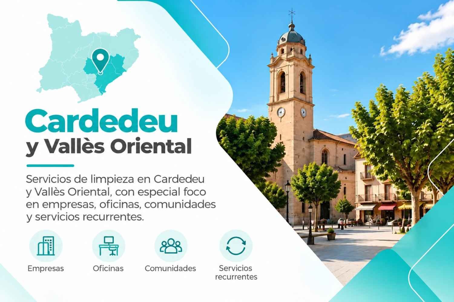 Banner promocional de Cardedeu i els Vallès Orientals, con el perfil urbano del municipio, un mapa e iconos de servicios.