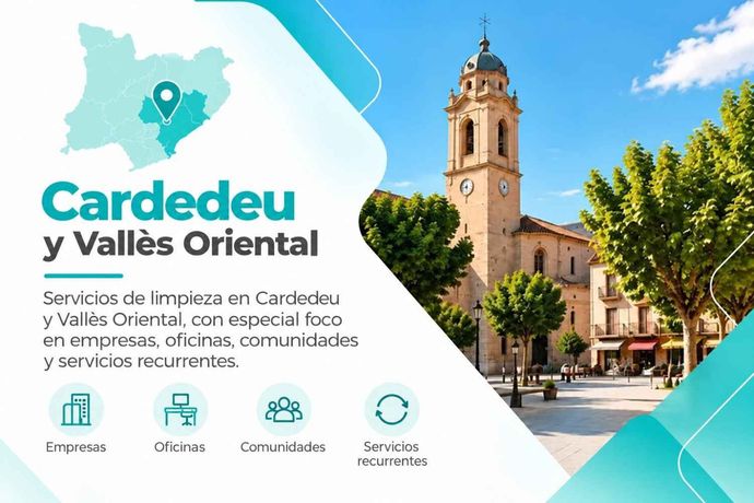 Banner promocional de Cardedeu i els Vallès Orientals, con el perfil urbano del municipio, un mapa e iconos de servicios.