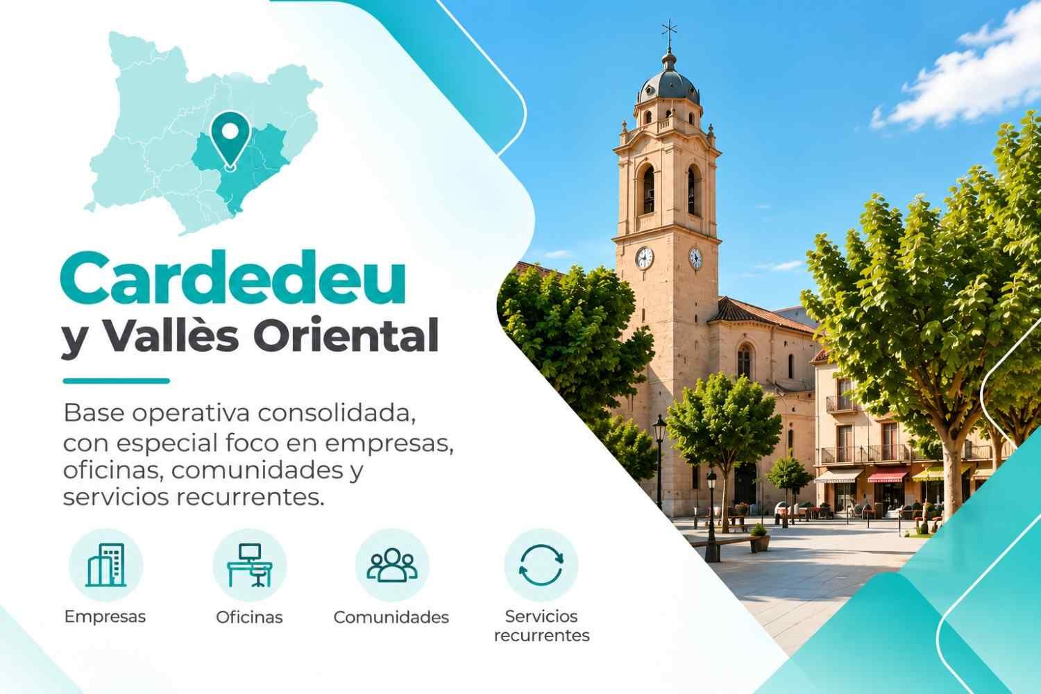 Banner promocional de Cardedeu i els Vallès Orientals, con el perfil urbano del municipio, un mapa e iconos de servicios.