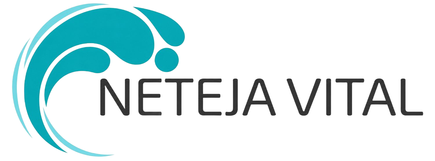 Logotipo de NETEJA VITAL con un gráfico circular de ondas en color verde azulado y texto gris sobre fondo blanco