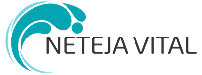 Logotipo de NETEJA VITAL con un gráfico circular de ondas en color verde azulado y texto gris sobre fondo blanco