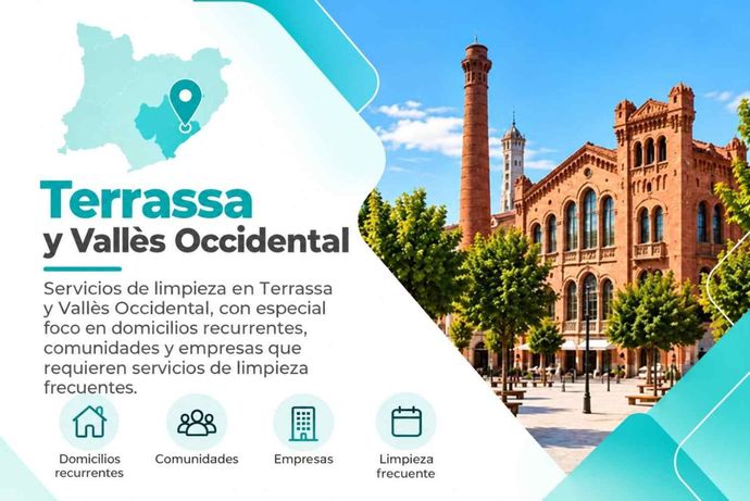 Promoción turística de Terrassa y el Vallès Occidental con castillo, horizonte urbano, mapa e iconos en color turquesa