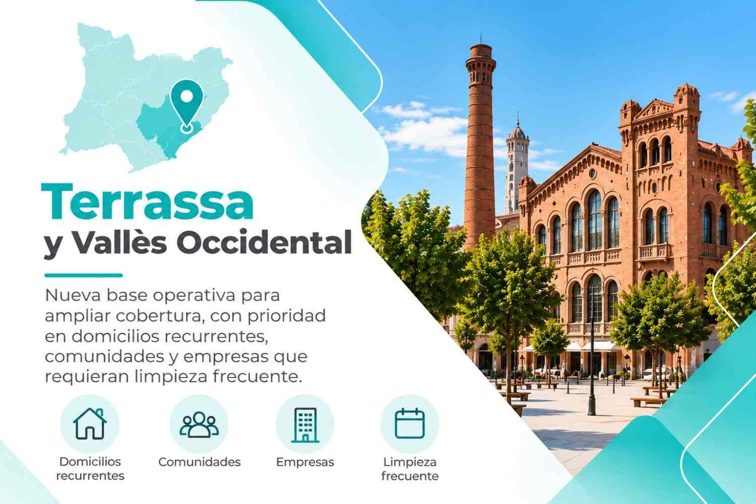 Promoción turística de Terrassa y el Vallès Occidental con castillo, horizonte urbano, mapa e iconos en color turquesa