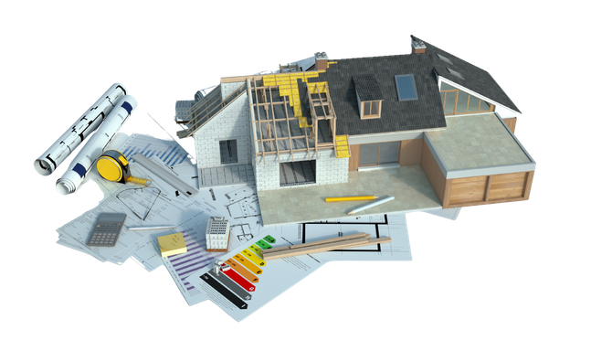 Outils de construction et rénovation de toiture avec échelles, bois et matériaux disposés