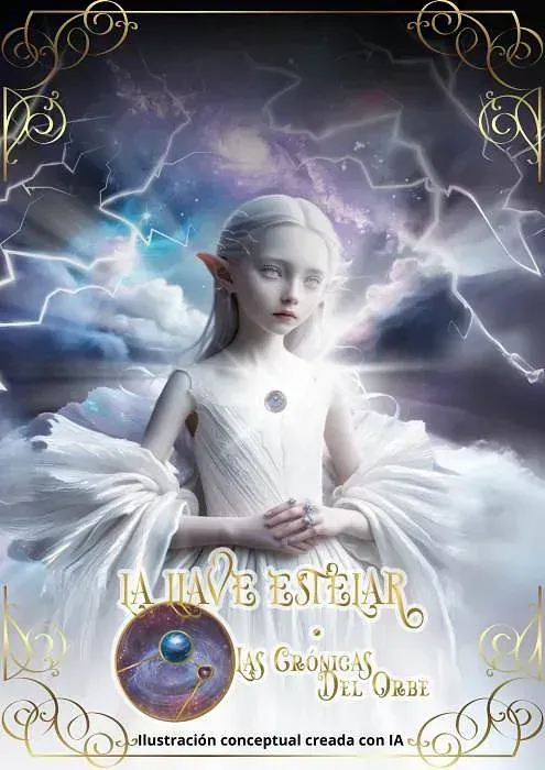 Una niña con un vestido blanco está parada frente a un cielo nublado con relámpagos.