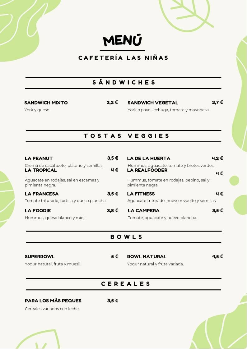 Un menú para un restaurante con hojas verdes.