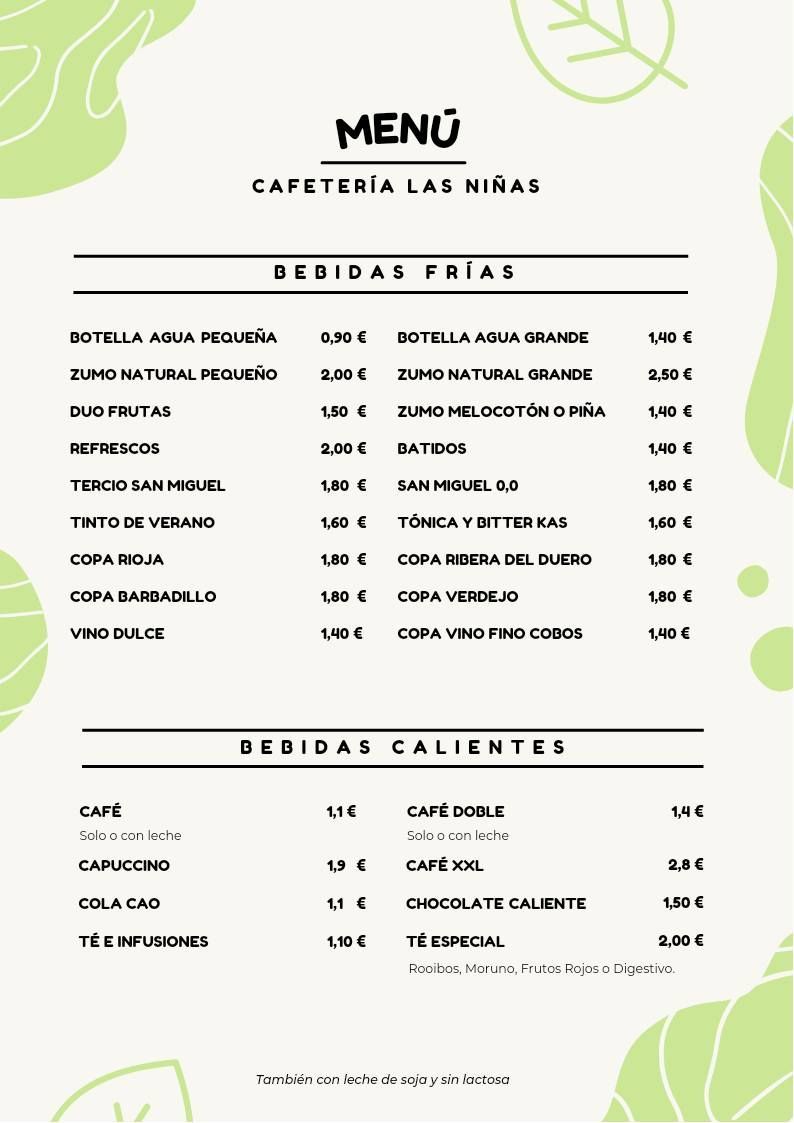 Un menú para un restaurante con hojas verdes.