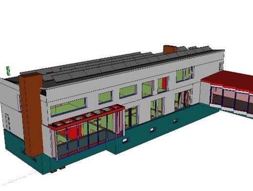 Ein 3D-Modell eines Gebäudes mit einem roten Dach