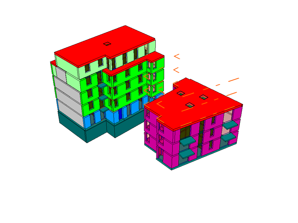 Ein 3D-Modell eines Gebäudes mit einem roten Dach