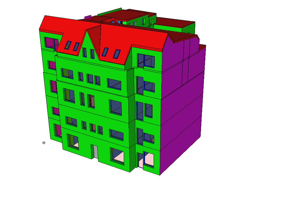 Ein grün-violettes Gebäude mit einem roten Dach