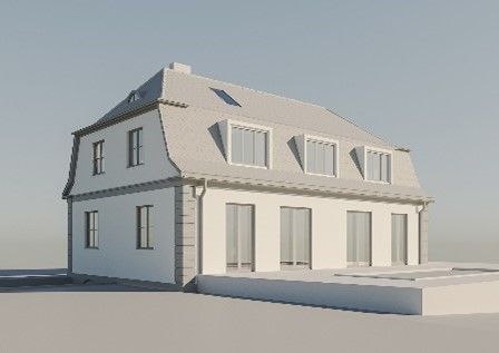 Ein 3D-Modell eines weißen Hauses mit einem Dach und vielen Fenstern.