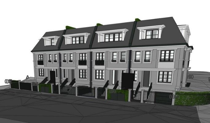 Eine schwarz-weiße Darstellung einer Häuserreihe