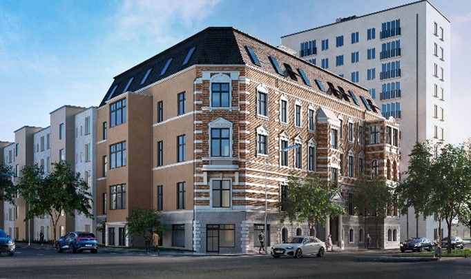 Eine künstlerische Darstellung eines großen Wohnhauses mit davor geparkten Autos.