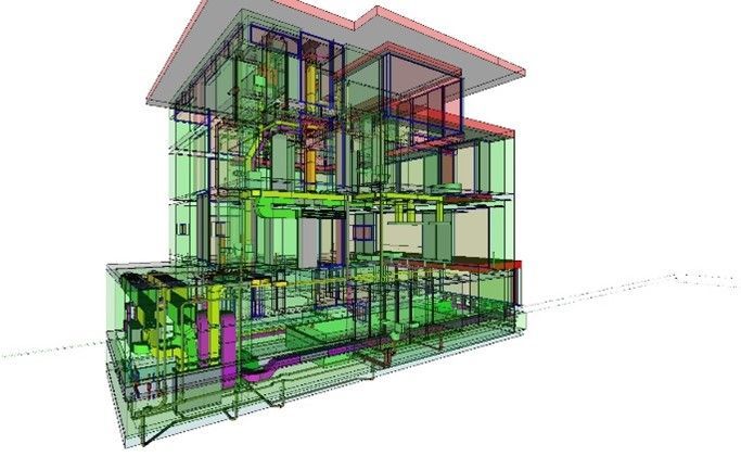 Ein 3D-Modell eines Hauses mit vielen Fenstern und Rohren.