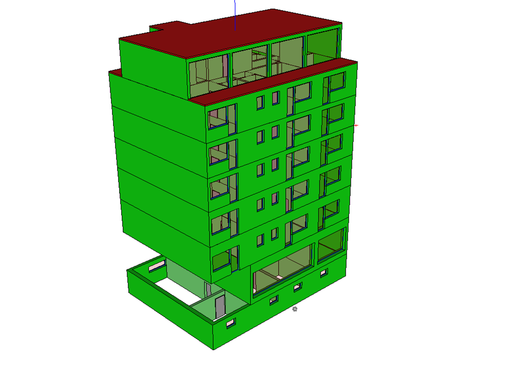 Ein 3D-Modell eines grünen Gebäudes mit einem roten Dach