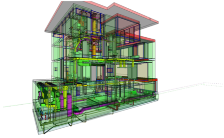 Ein 3D-Modell eines Hauses mit vielen Fenstern und Rohren