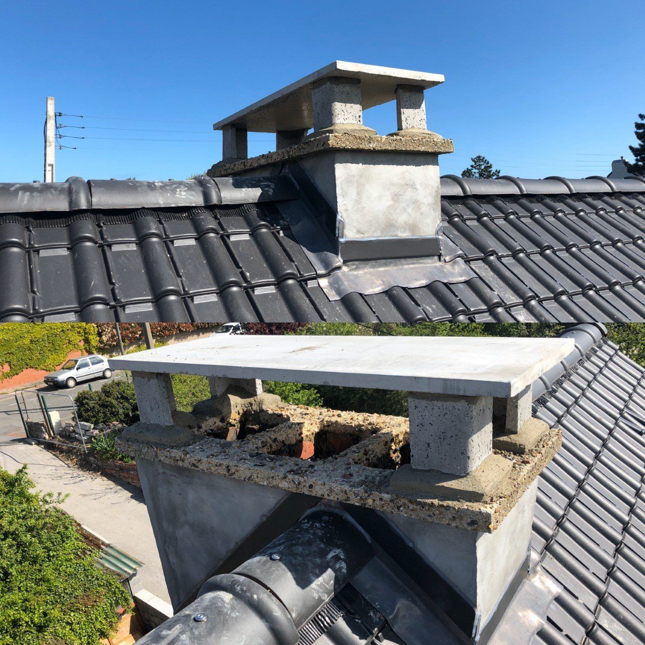 Travaux de couverture sur une toiture noire