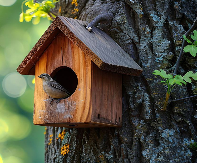Une mésange à l'entrée d'un nichoir dans un arbre