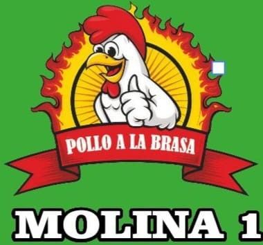 Mascota de pollo sonriente haciendo un pulgar hacia arriba, rodeada de llamas, pancarta "Pollo a la Brasa", texto "Molina 1".