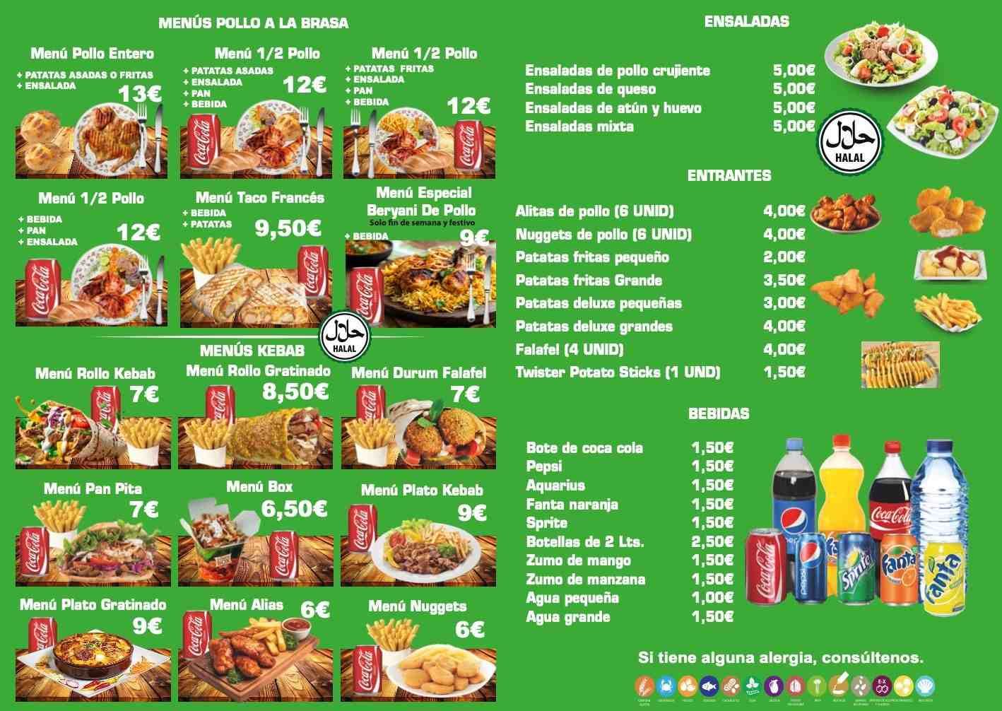 Tablero de menú con varias combinaciones de comidas, guarniciones y bebidas enumeradas con precios.