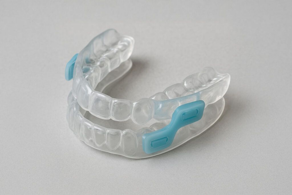 Transparente Zahnschienen aus Kunststoff mit blauen Attachments auf hellgrauem Hintergrund