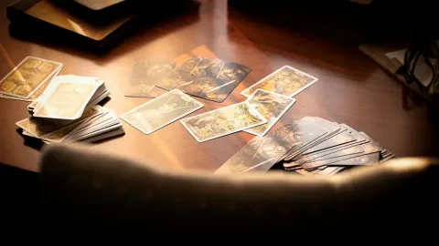 Cartas del tarot sobre una mesa de madera oscura. Una baraja está extendida en abanico, las demás esparcidas. Luz cálida.