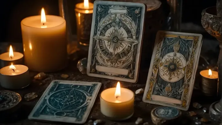 Cartas del tarot, con el dorso hacia arriba, rodeadas de velas encendidas en un ambiente con luz tenue.