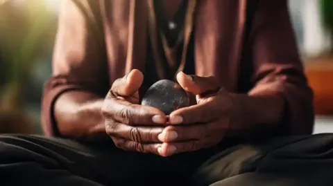 Manos que sostienen una piedra lisa y oscura, descansando en el regazo. Tonos terrosos, concentrados y contemplativos.