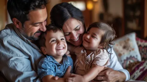 Familia de cuatro personas sonriendo y abrazándose en el interior; iluminación cálida.